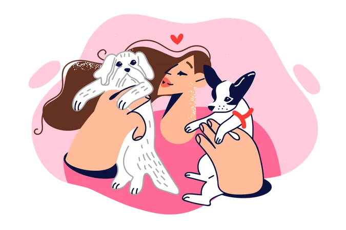 Mulher brinca com dois cachorrinhos  Ilustração