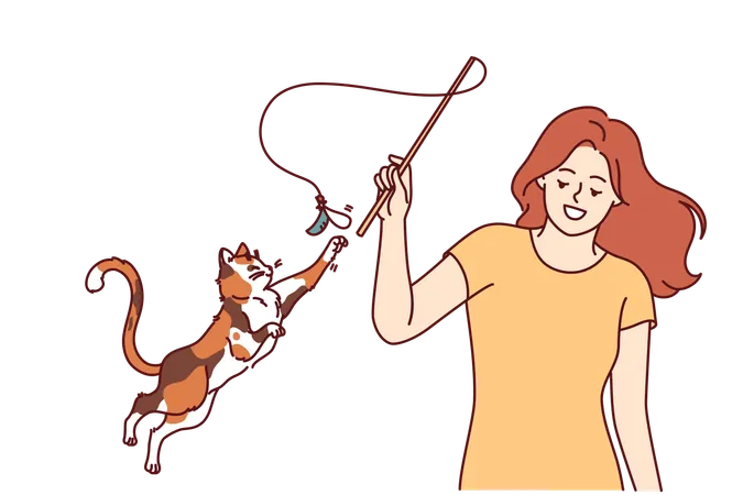 Mulher brinca com gato e acena arco em corda  Ilustração