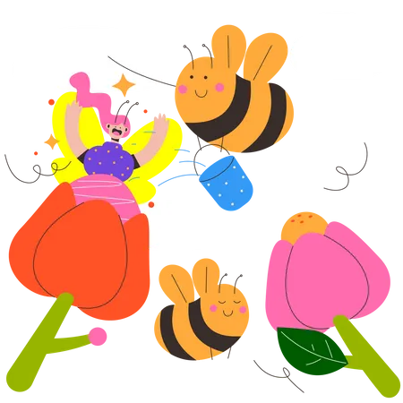 Mulher brincando com Botânica e abelhas  Ilustração