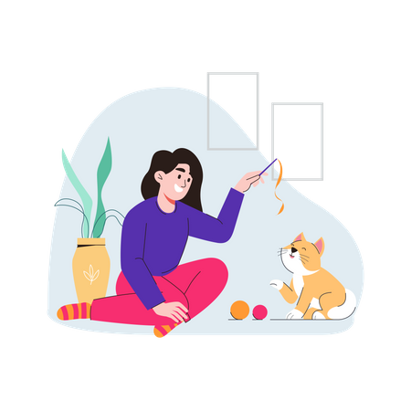 Mulher brincando com gato  Ilustração