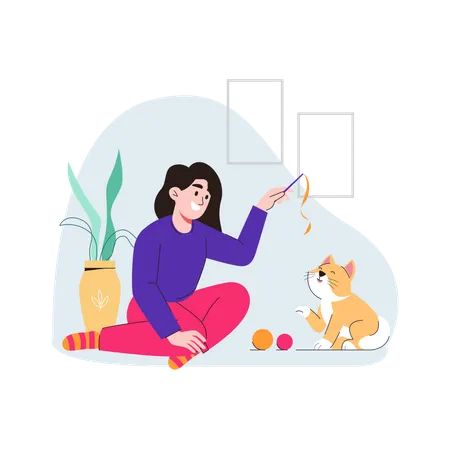 Mulher brincando com gato  Ilustração