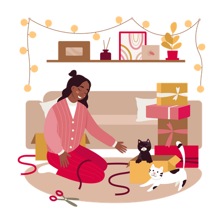 Mulher brincando com gatos de estimação em casa  Ilustração