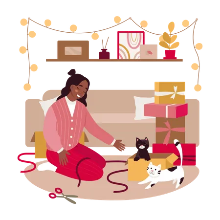 Mulher brincando com gatos de estimação em casa  Ilustração