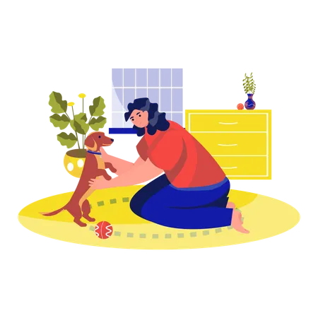Mulher brincando com um cachorro em casa  Ilustração