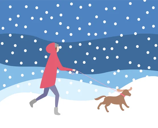 Mulher Andando Com Cachorro Na Coleira Na Queda De Neve Vetor De Atividades De Inverno Senhora Vestindo Roupas Quentes Nevasca A Noite Dono E Animal De Estimacao Canino Ilustração