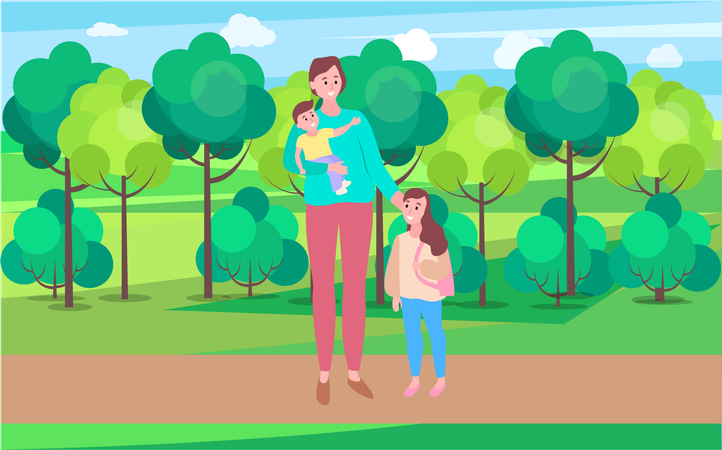 Mulher andando com a filha carregando o bebê no parque  Ilustração