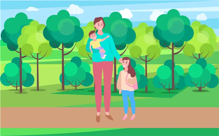 Mulher andando com a filha carregando o bebê no parque  Ilustração