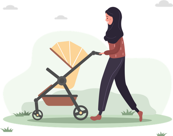 Mulher andando com seu filho recém-nascido em um carrinho de bebê  Ilustração