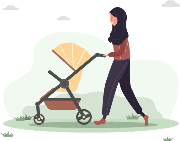 Mulher andando com seu filho recém-nascido em um carrinho de bebê  Ilustração