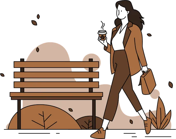 Mulher andando e tomando café  Ilustração