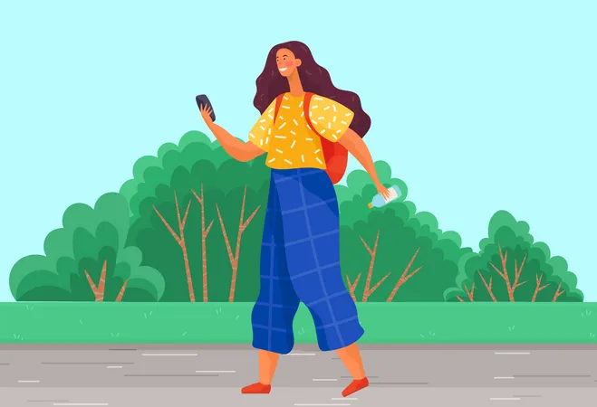 Mulher andando no parque de verão com o telefone na mão  Ilustração