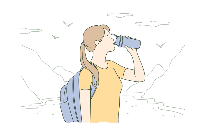 Turista alpinista mulher com mochila em pé no vale da montanha e água potável  Ilustração