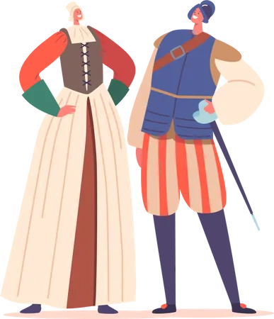 Mulher camponesa e homem soldado usam trajes da era renascentista  Ilustração