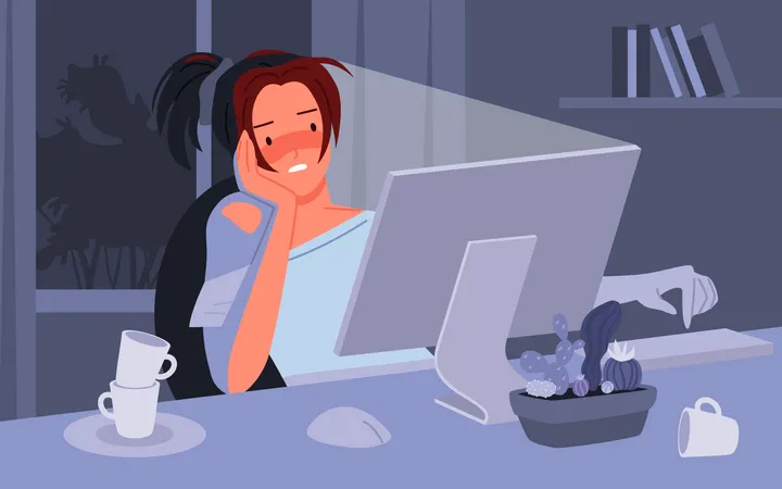 Mulher cansada trabalhando no computador à noite  Ilustração