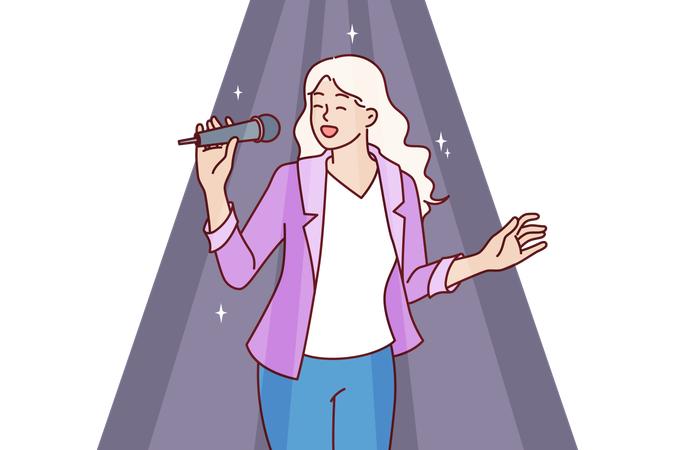 Mulher canta karaokê segurando microfone e aproveitando hobby criativo durante festa em boate  Ilustração