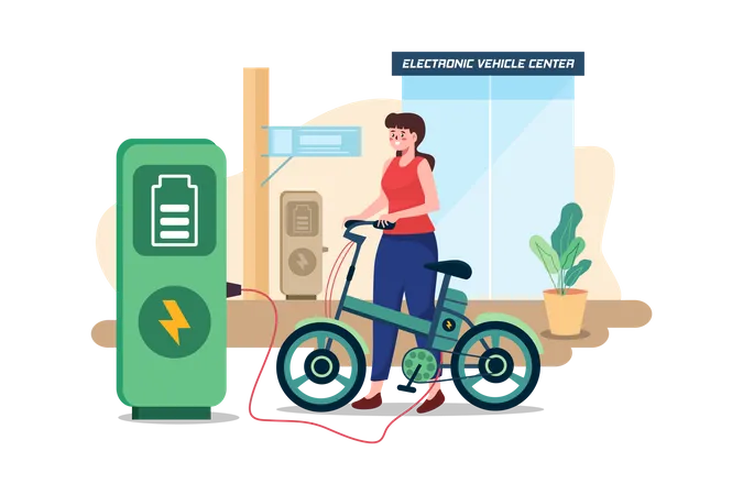 Mulher carrega bicicleta elétrica em centro de veículos eletrônicos  Ilustração