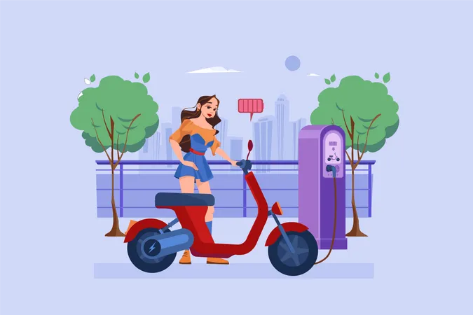 Mulher Carrega Bicicleta Eletrica Em Centro De Veiculos Eletronicos Ilustração