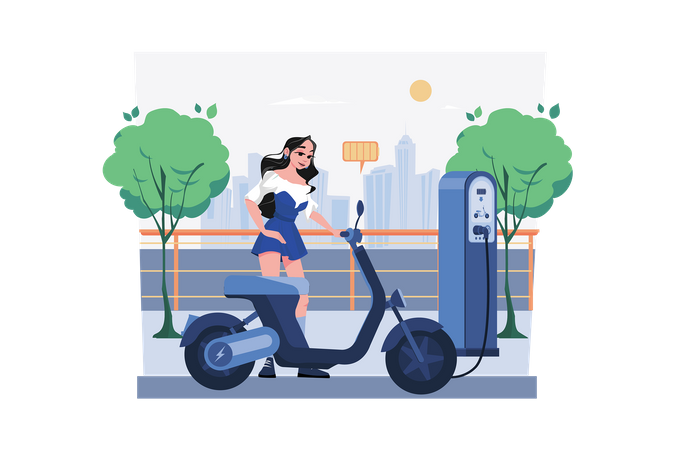 Mulher carrega bicicleta elétrica em centro de veículos eletrônicos  Ilustração