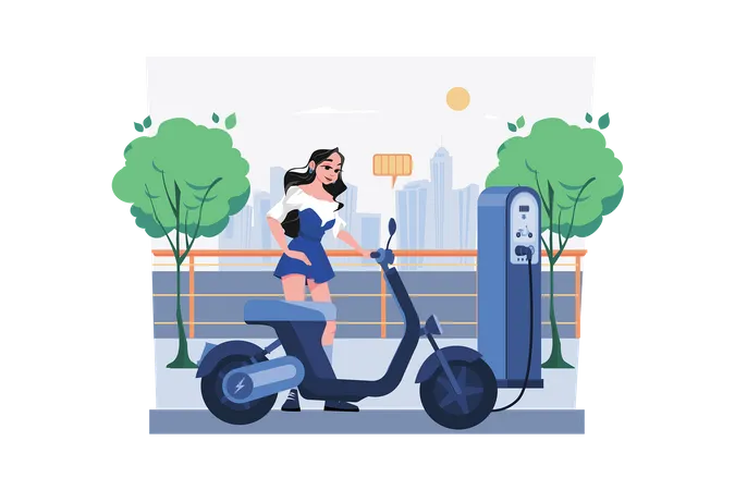 Mulher Carrega Bicicleta Eletrica Em Centro De Veiculos Eletronicos Ilustração