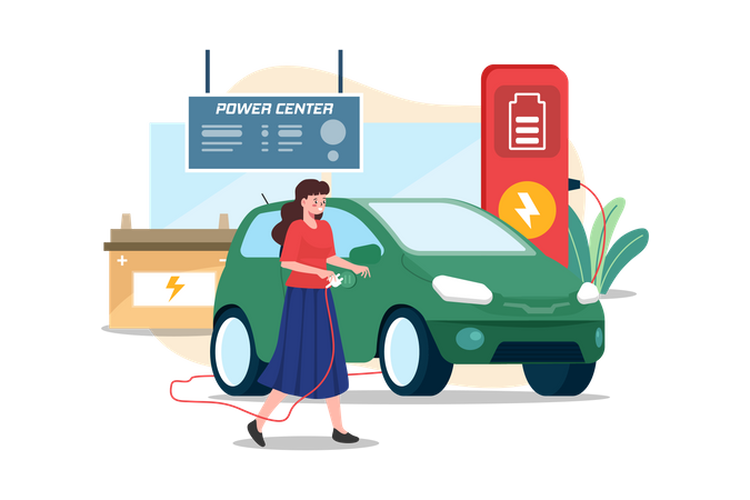 Mulher carrega carro elétrico na central de energia  Ilustração