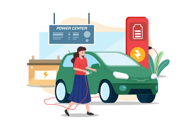 Mulher carrega carro elétrico na central de energia  Ilustração