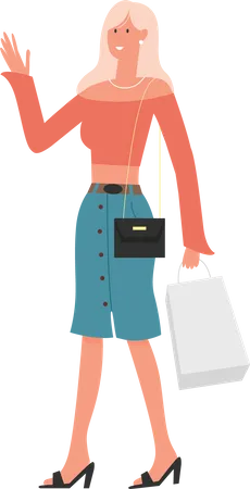 Mulher carregando bolsa e acenando com a mão  Ilustração