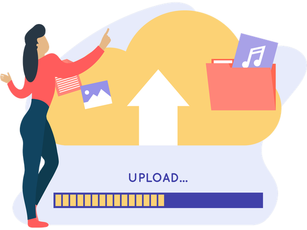 Mulher fazendo upload de dados na nuvem  Ilustração