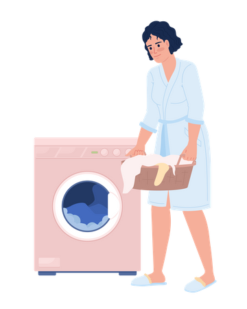 Mulher carregando máquina de lavar roupa com roupa  Ilustração