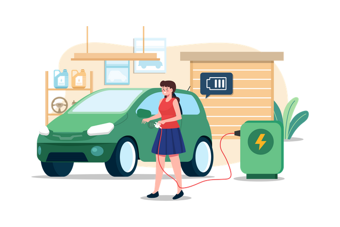 Mulher carregando um carro elétrico em casa  Ilustração