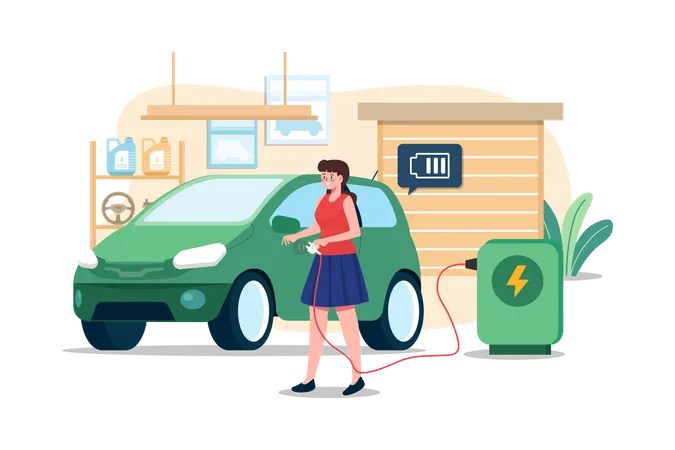 Mulher carregando um carro elétrico em casa  Ilustração