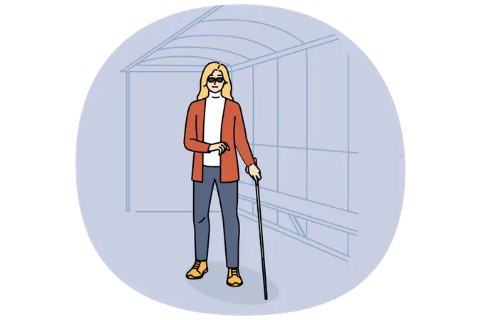 Mulher cega com bengala espera no ponto de ônibus  Ilustração