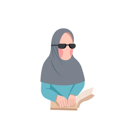Mulher muçulmana cega lendo livro em Braille  Ilustração