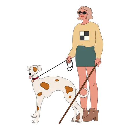 Mulher cega andando com cachorro de estimação  Ilustração