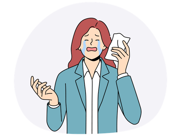 Mulher chateada chorando e enxugando lágrimas com guardanapo de papel após empresa falir devido à crise  Ilustração