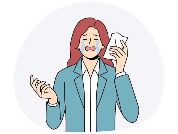 Mulher chateada chorando e enxugando lágrimas com guardanapo de papel após empresa falir devido à crise  Ilustração