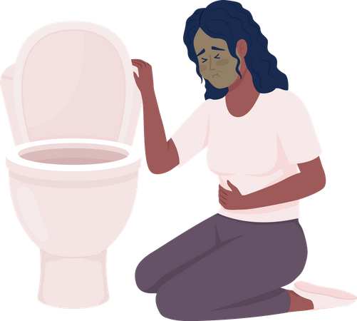 Mulher chateada com náusea e vaso sanitário  Ilustração