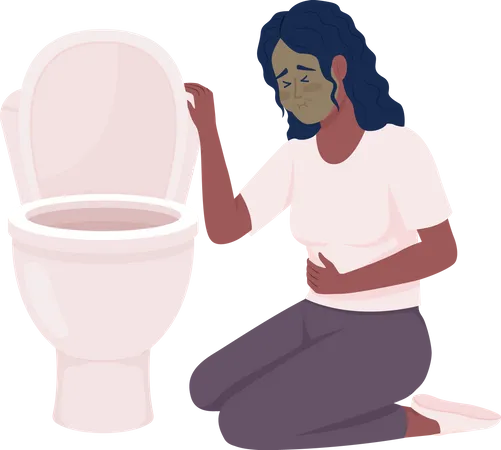 Mulher chateada com náusea e vaso sanitário  Ilustração