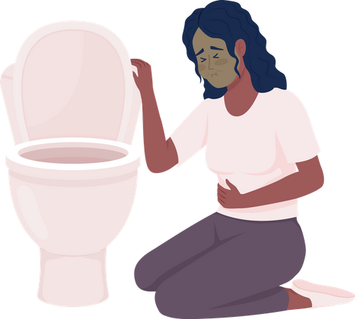 Mulher chateada com náusea e vaso sanitário  Ilustração