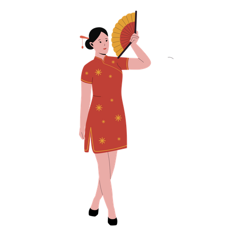 Mulher chinesa no tradicional vestido vermelho qipao  Ilustração