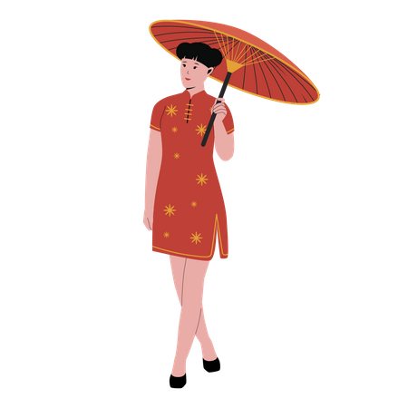 Mulher chinesa no tradicional vestido vermelho qipao  Ilustração