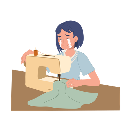 Mulher chora enquanto costura, demonstrando estresse emocional e dificuldade durante o trabalho criativo  Ilustração