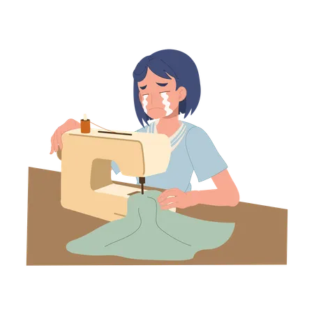 Mulher chora enquanto costura, demonstrando estresse emocional e dificuldade durante o trabalho criativo  Ilustração