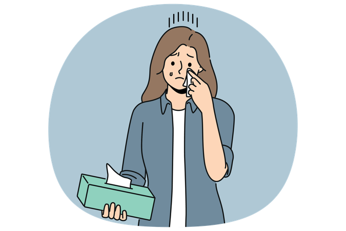 Mulher chorando enxuga lágrimas com guardanapos de papel enquanto passa por estresse e sofrimento psicológico  Ilustração