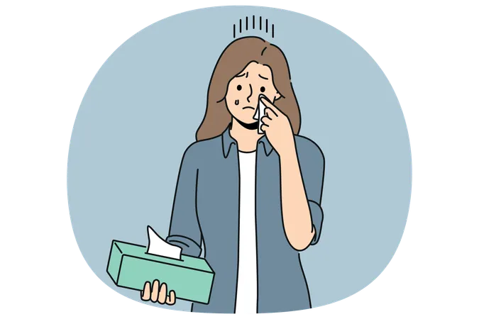 Mulher chorando enxuga lágrimas com guardanapos de papel enquanto passa por estresse e sofrimento psicológico  Ilustração