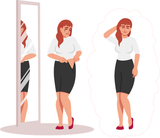 Mulher chorando na frente do espelho por causa da gordura  Ilustração