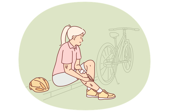 Mulher ciclista machuca perna após cair de bicicleta e fica sentada no meio-fio precisando de ajuda médica  Ilustração