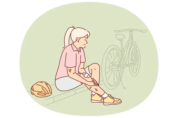 Mulher ciclista machuca perna após cair de bicicleta e fica sentada no meio-fio precisando de ajuda médica  Ilustração