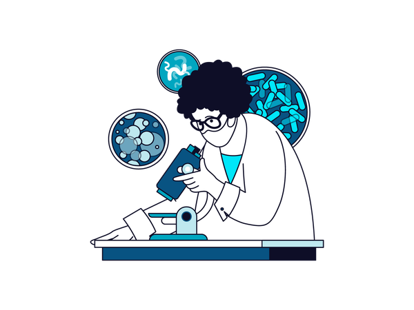 Cientista feminina fazendo pesquisa bacteriana  Ilustração