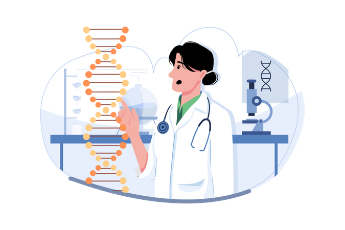 Cientista feminina fazendo pesquisa de DNA  Ilustração