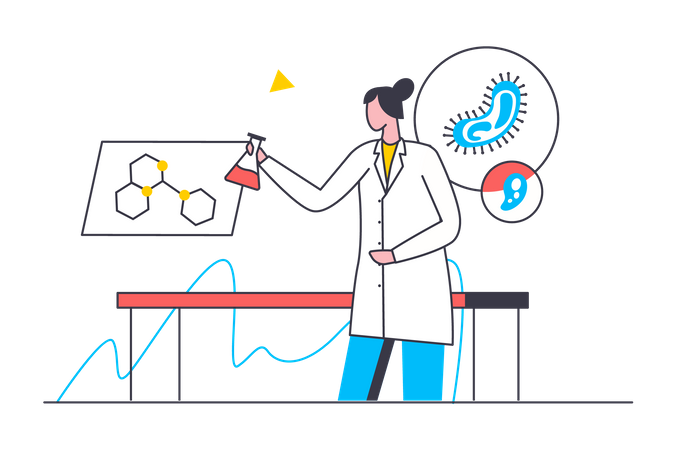 Cientista feminina fazendo pesquisa em laboratório  Ilustração